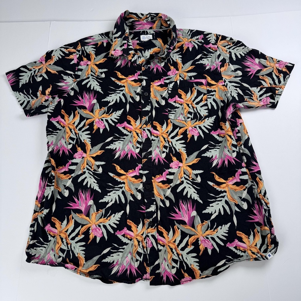Hurley Shirt Mens 2XL Black Tropical Floral Hawaiian Aloha Button Up Stretch